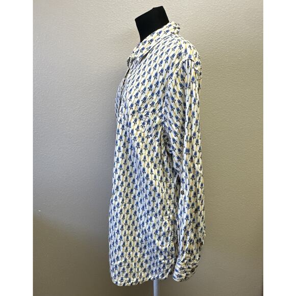 Duluth Trading XL Hemp Cotton Blend Artisan Floral Ikat Button Up Tunic Blouse - Picture 6 of 14